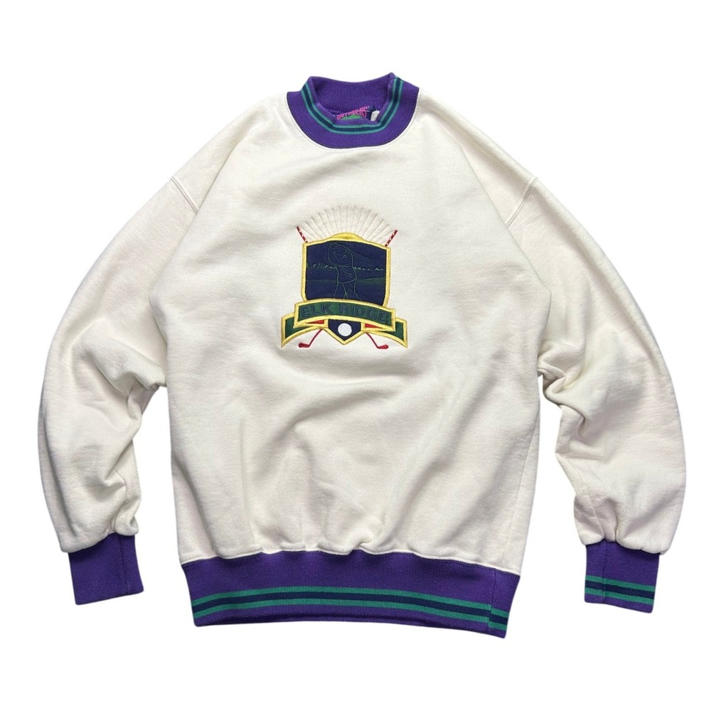 Vintage 90s Outsiders Elk Ridge Golf Sweatshirt Mens L Cream‎ Purple Made in USA